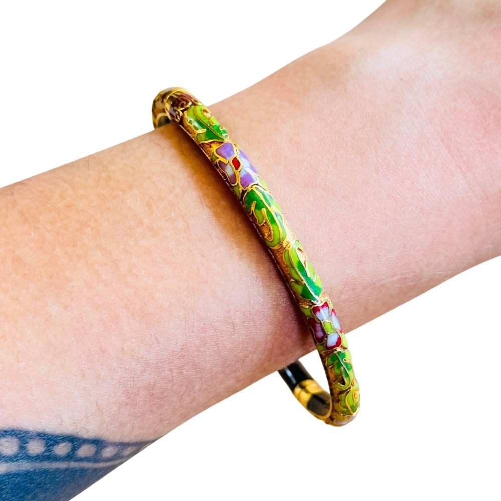 VTG Cloisonne Gold Leaf Bracelet Bangle‎ Enamel Chinese Flower Embossed Clamper